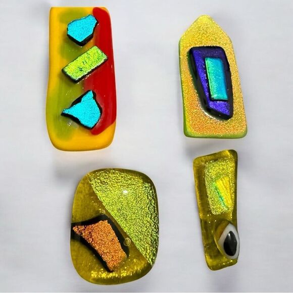 Set of 4 Dichroic Glass Art Pieces – Bright Abstract with Rainbow Accents - Picture 9 of 17